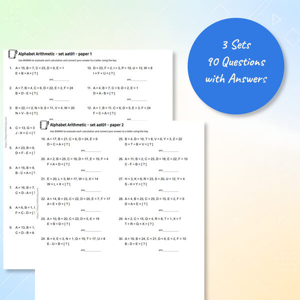 Alphabet Arithmetic practice test papers showing letter substitution logic puzzles