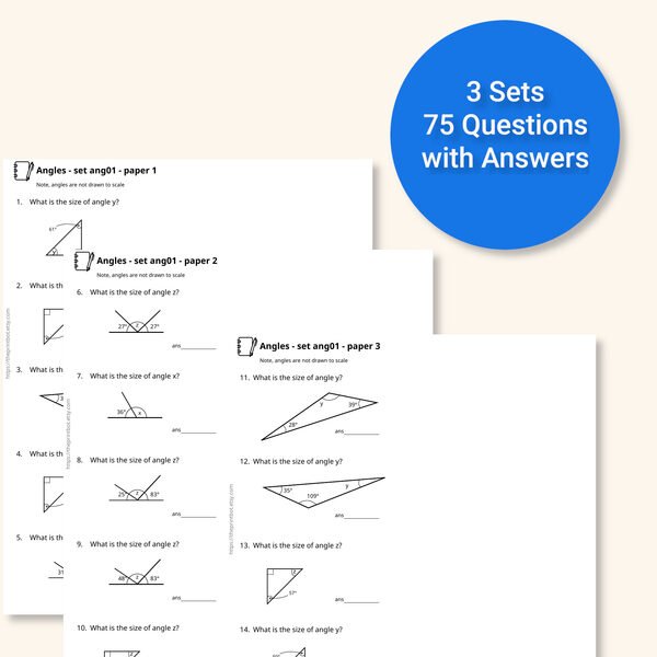 Angles practice papers showing printable angle calculation worksheets