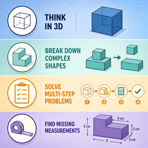 Key learning points for compound cuboid volume worksheets including stacked solids, cut-outs, and missing dimensions