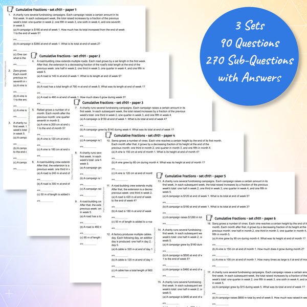 Cumulative Fractions practice papers showing multi-step fraction growth word problems