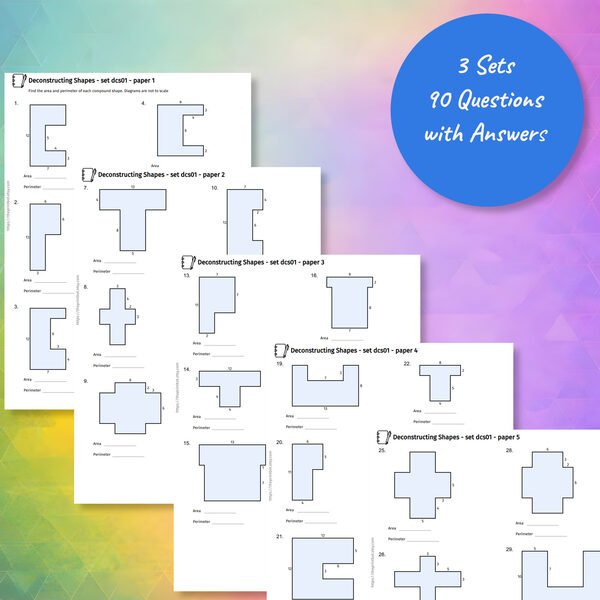 Deconstructing Shapes practice papers showing compound shape area and perimeter questions