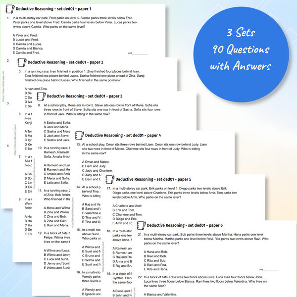 Deductive Reasoning practice test papers showing position-based logic puzzles