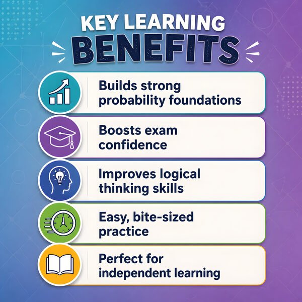 Key Learning Benefits — skills covered: understanding fair dice, calculating ranges, simplifying fractions, certainty and impossibility