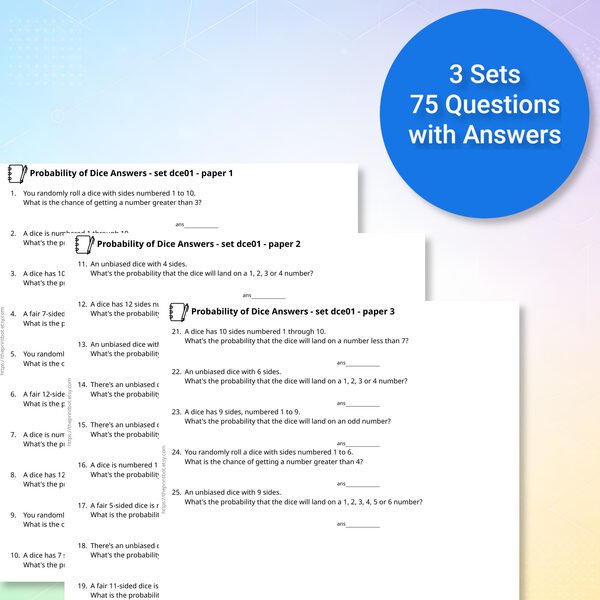 Probability Dice Test Pack — Sample test pages showing dice probability questions