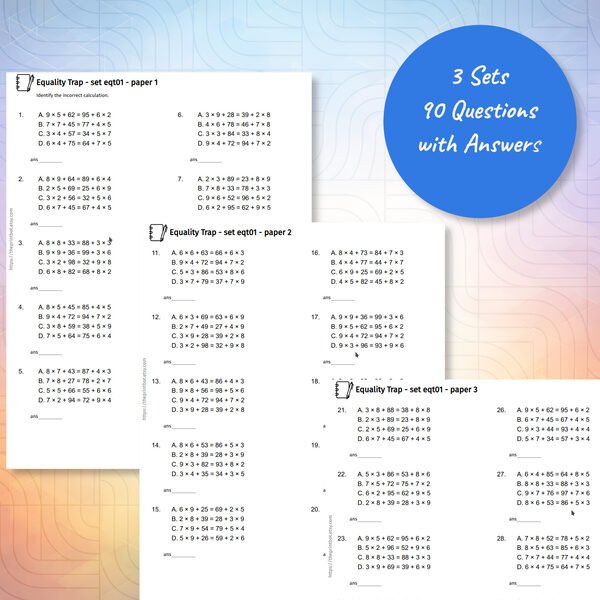 Equality Trap Practice Papers — sample pages showing spot-the-mistake calculation questions
