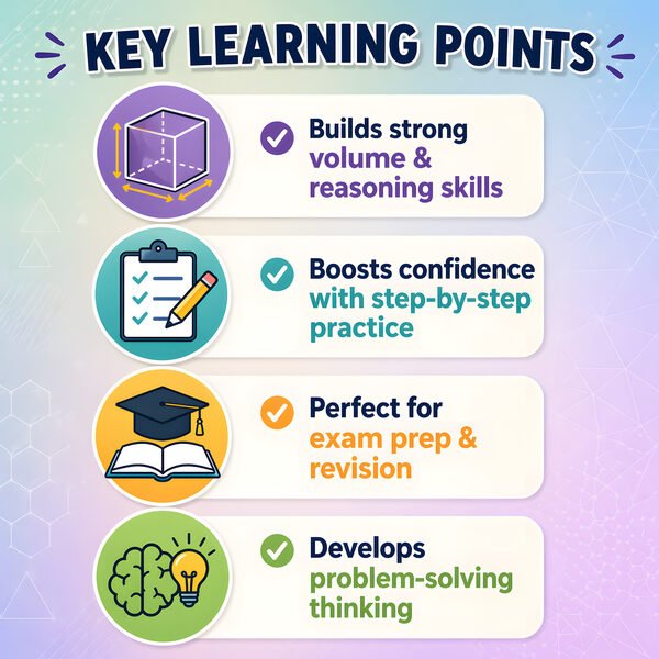 Key learning points for equal volume cuboid worksheets including volume, square bases, and missing dimensions