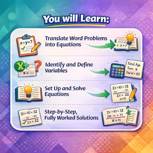 Key Learning Benefits — Skills covered: variable definition, equation construction, time-offset logic, multi-step problem solving