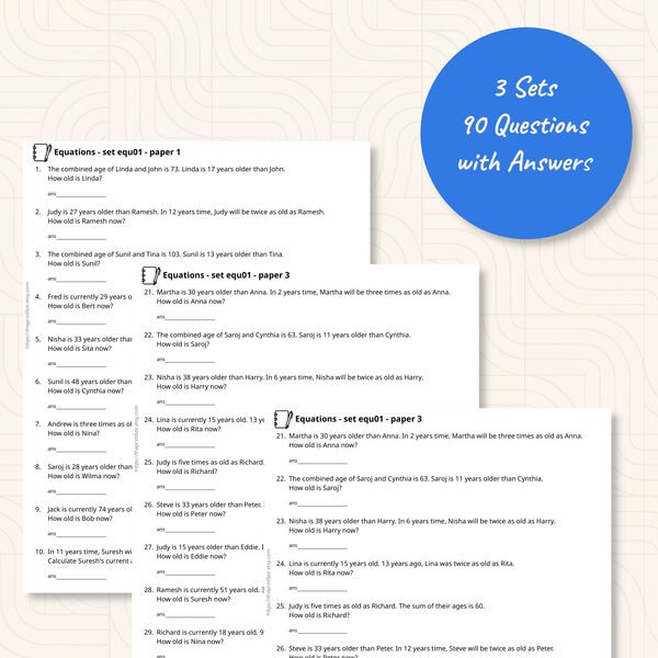 Algebra Age Problems Practice Papers — Sample test pages showing age-related algebra questions