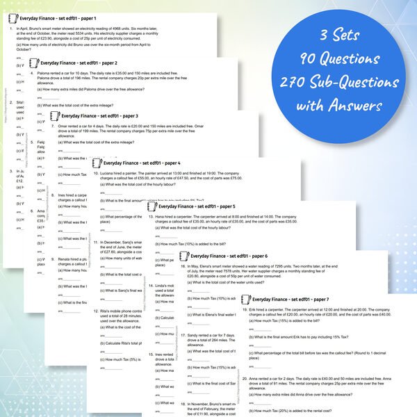 Everyday Finance Maths printable practice papers and answer pages
