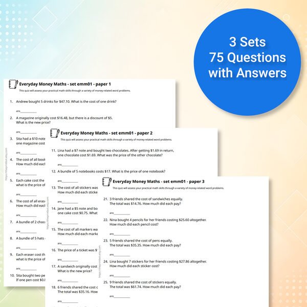 Everyday Money Maths printable practice papers and answer pages