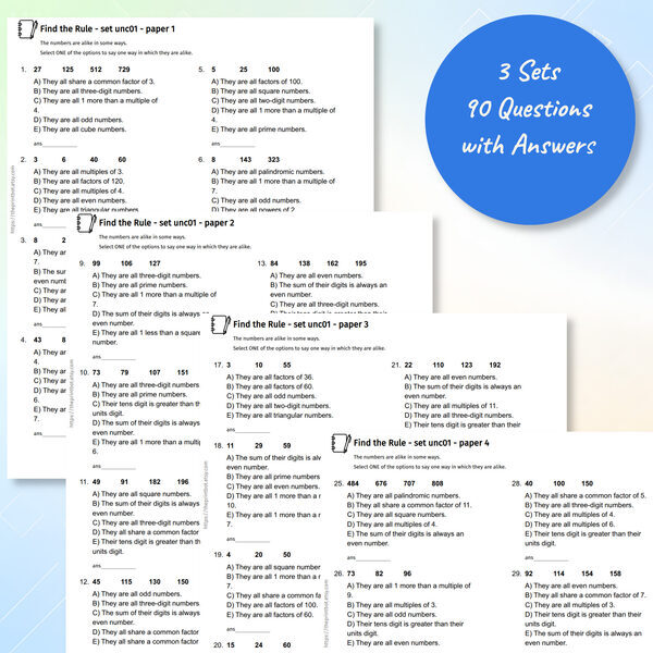 Find the Rule practice papers showing number reasoning multiple-choice questions