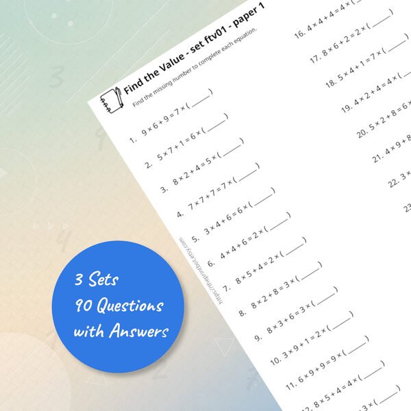Equation Solver Challenge Practice Papers — Sample test pages showing arithmetic balancing puzzles
