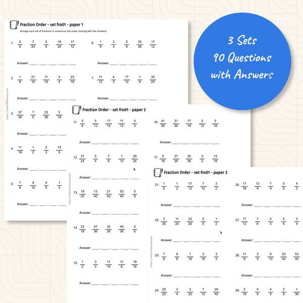 Fraction Ordering practice papers showing sets of fractions to arrange from smallest to largest
