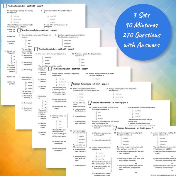 Fraction Remainders practice papers showing printable word problem worksheets