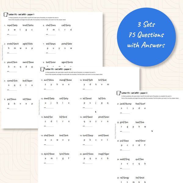 Letter fit practice papers showing printable bridge the gap word puzzles