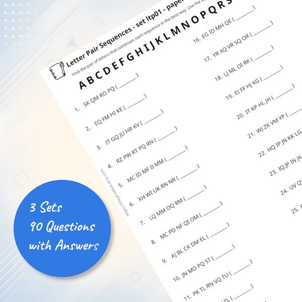 Letter pair sequence practice papers showing printable alphabet pattern questions