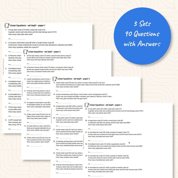 Simultaneous Equations Practice Papers — Sample test pages showing linear equation word problems