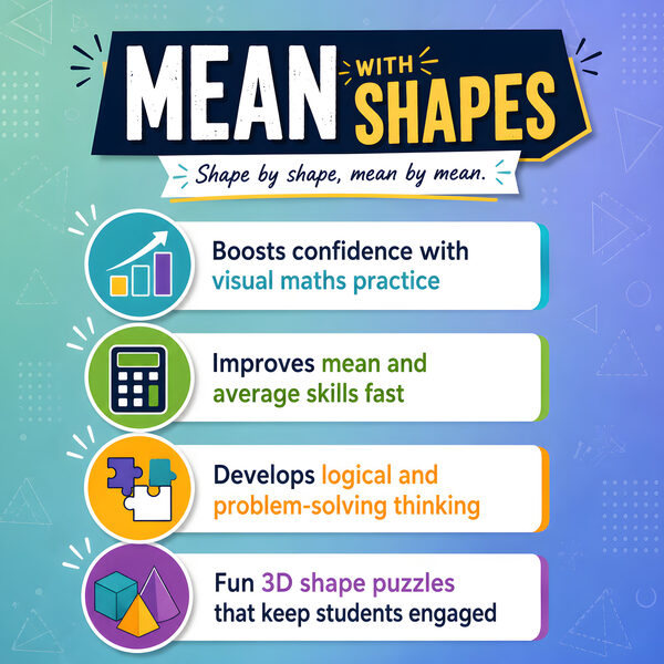 Key learning benefits for mean with shapes worksheets including spatial reasoning and average calculations