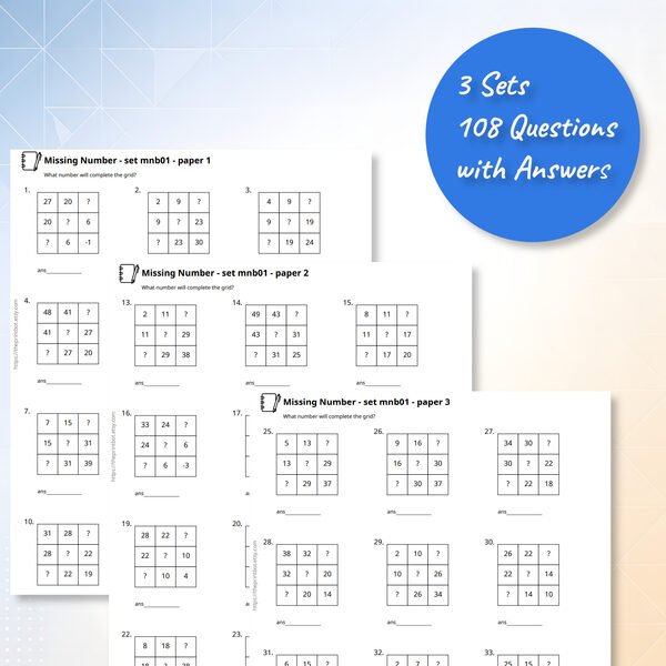 Missing Number practice papers showing printable number grid puzzles