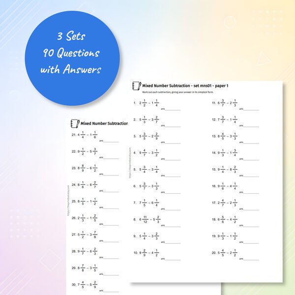Mixed Number Subtraction practice papers showing printable subtraction worksheets