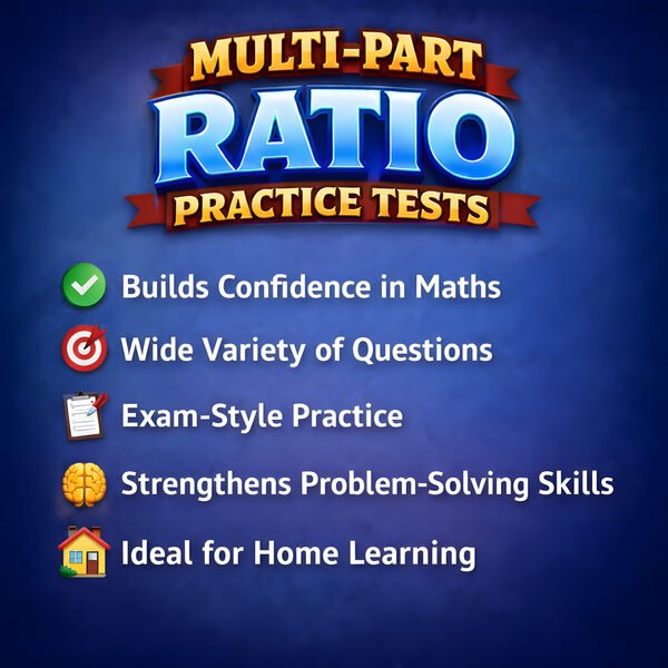 Key learning benefits for multi-part ratio worksheets including word problem logic and unitary method practice