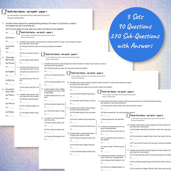 Multi-Part Ratio practice papers showing printable ratio word problems with three sub-questions