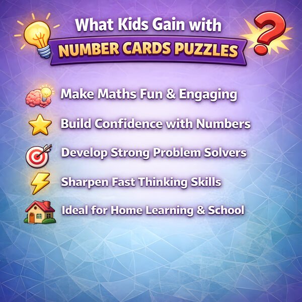 Key learning benefits for number card worksheets including mental maths and problem solving