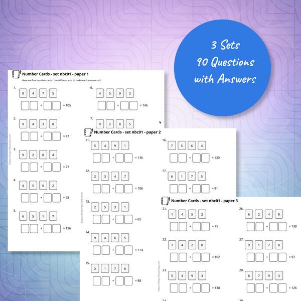 Number Cards practice papers showing printable addition puzzle worksheets