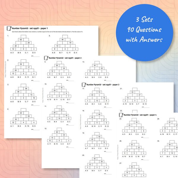 Number Pyramid practice papers showing printable pyramid puzzle worksheets