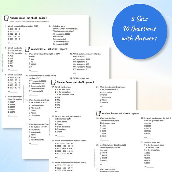 Number Sense practice papers showing printable place value worksheets