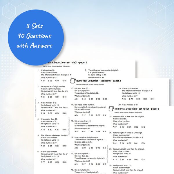 Numerical Deduction practice papers showing printable clue-based number puzzles