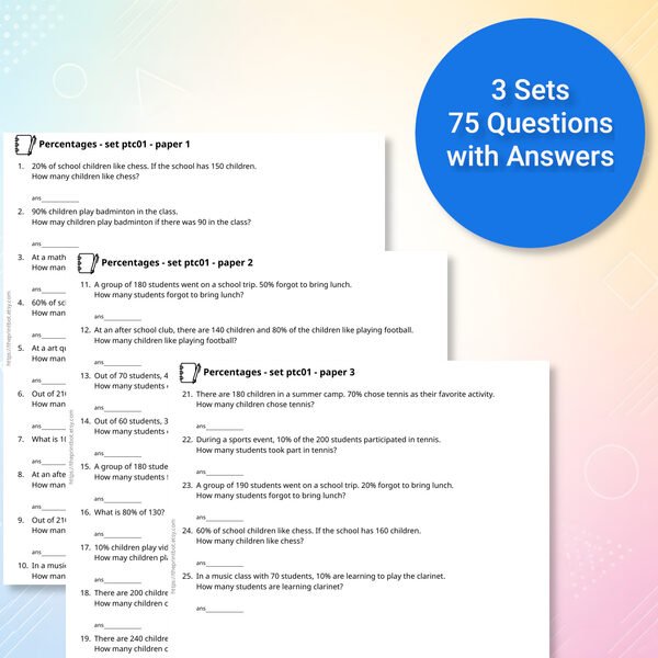 Percentage practice papers showing printable percentage word problem worksheets