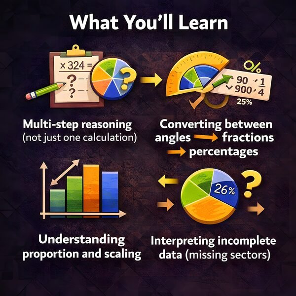 What You'll Learn — skills covered: multi-step reasoning, angles to fractions and percentages, proportion and scaling, interpreting incomplete data