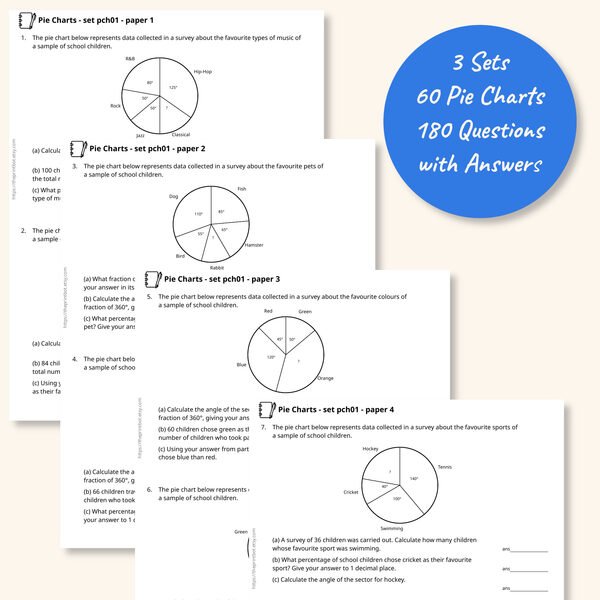 Pie Chart Practice Papers — 4 sample test pages showing pie chart questions with answer lines