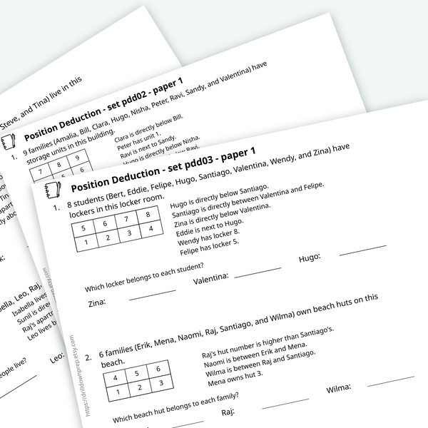 Three overlapping pages from the Position Deduction practice pack