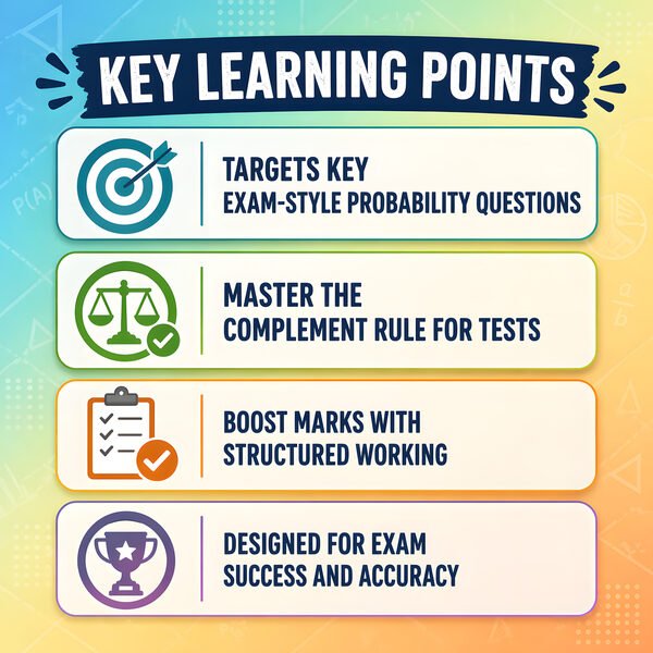 Key learning points for probability flip worksheets including NOT probability and complement rule practice
