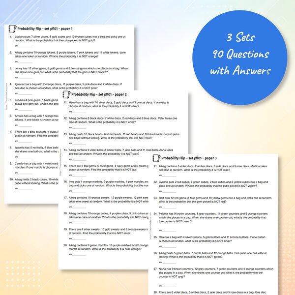 Probability Flip practice papers showing complement rule probability questions