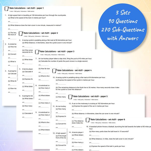 Rate Calculations printable practice papers and answer pages