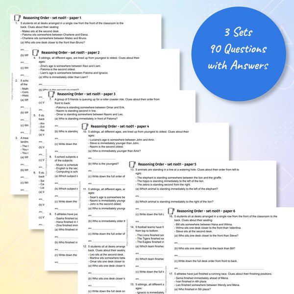 Reasoning order practice papers showing printable sequencing and deduction questions