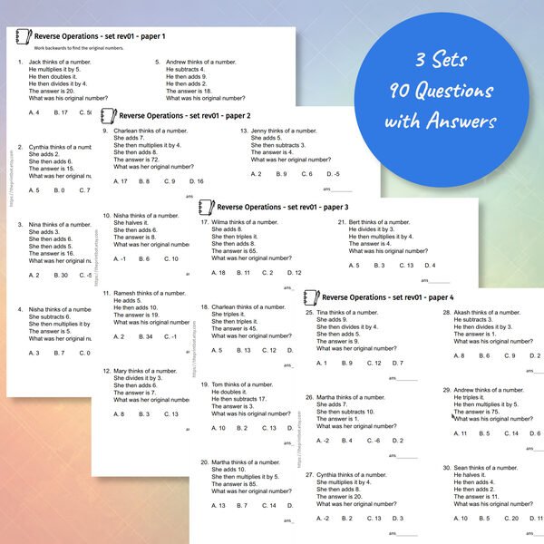 Reverse Operations Practice Papers — sample test pages showing word problems with answer lines