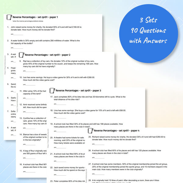 Reverse percentages practice papers showing printable percentage word problem worksheets