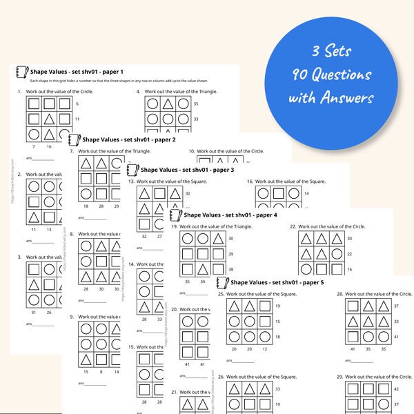 Shape Value Logic Puzzles practice papers showing shape grids with row and column totals