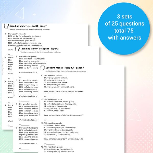 Spending Money printable practice papers and answer pages