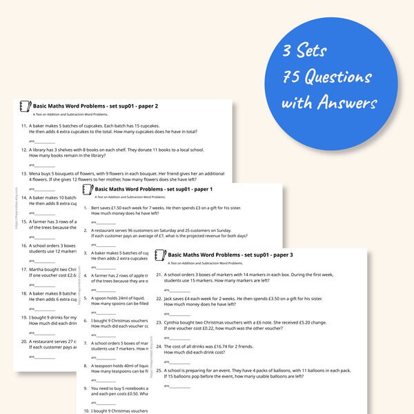 Sum It Up practice papers showing printable real-world math word problems