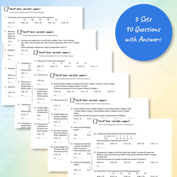 Nth term practice papers showing arithmetic sequence worksheets and answer pages