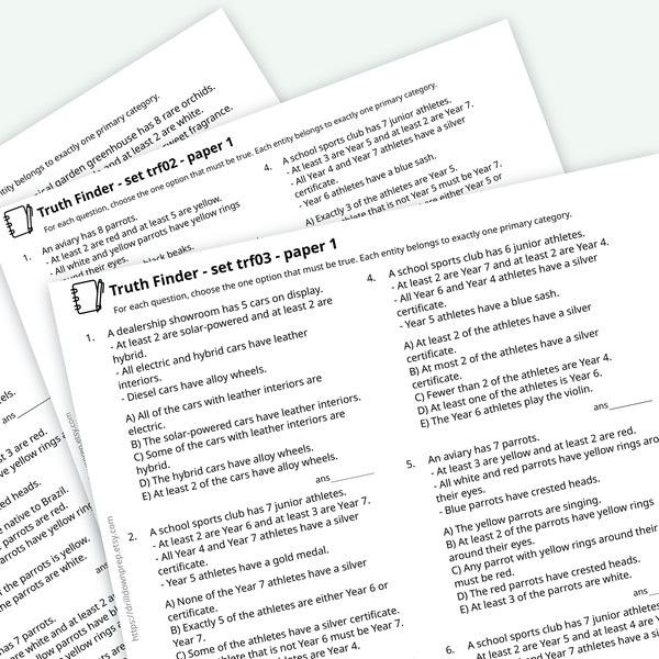 Three overlapping pages from the Truth Finder practice pack