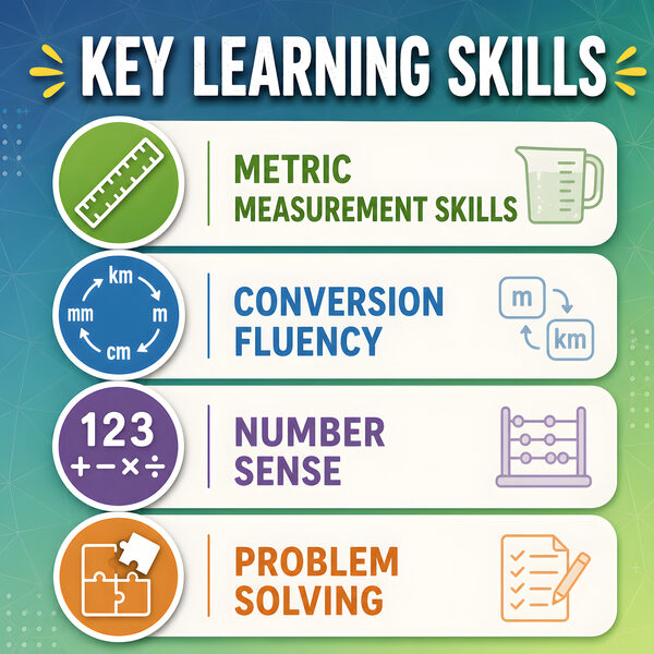 Key learning points for unit conversion worksheets including metric measurement, number sense, and problem solving