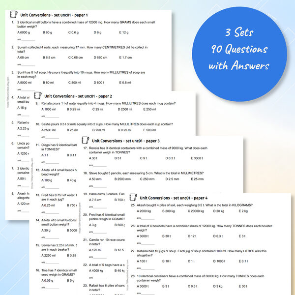 Unit conversions practice papers showing metric measurement multiple-choice questions