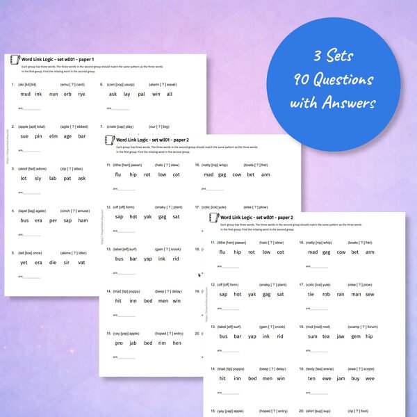 Word link logic practice papers showing printable word pattern questions