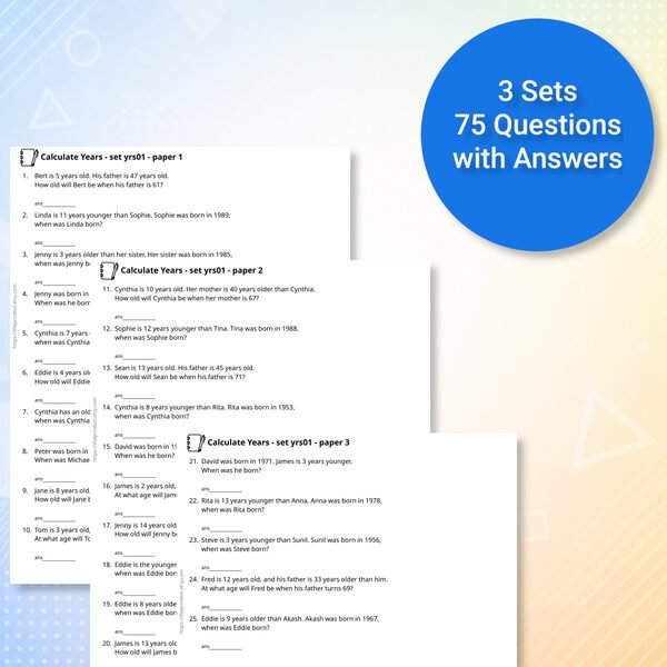 Age and year word problem printable practice papers and answer pages